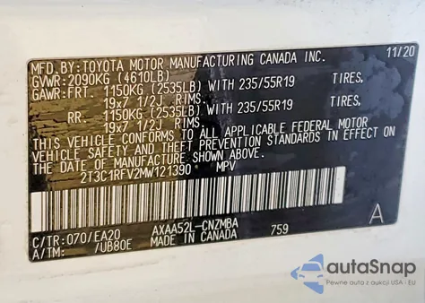 2021 Toyota Rav4 Xle Premium z USA, uszkodzony, nr VIN 2T3C1RFV2MW121390